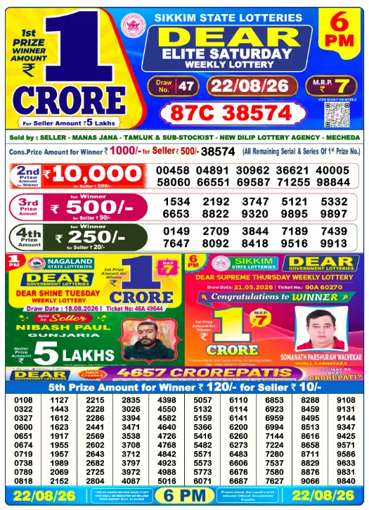Sikkim State Lottery 6 PM result 22 Aug 2026